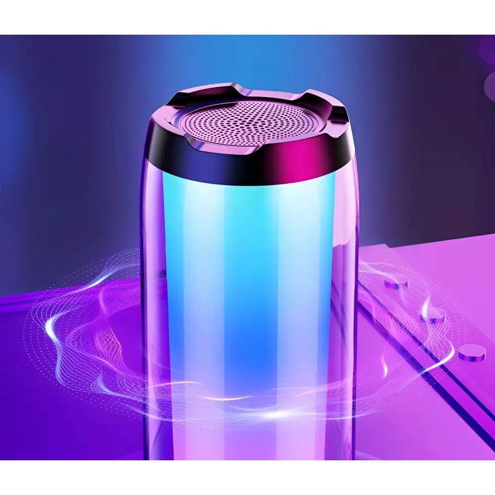 Two cylindrical led ambient light gaming bluetooth speakers with black tops glowing yellow to pink and purple colors