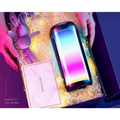 A sleek cylindrical led smart speaker with glossy black exterior and blue to pink ambient light gaming bluetooth speakers