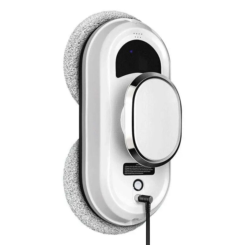 White automatic high altitude cleaning machine with sleek oval-shaped design and soft gray microfiber cleaning pads