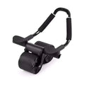 Black plastic and rubber automatic rebound abdominal wheel with padded handlebars and mat for core exercise