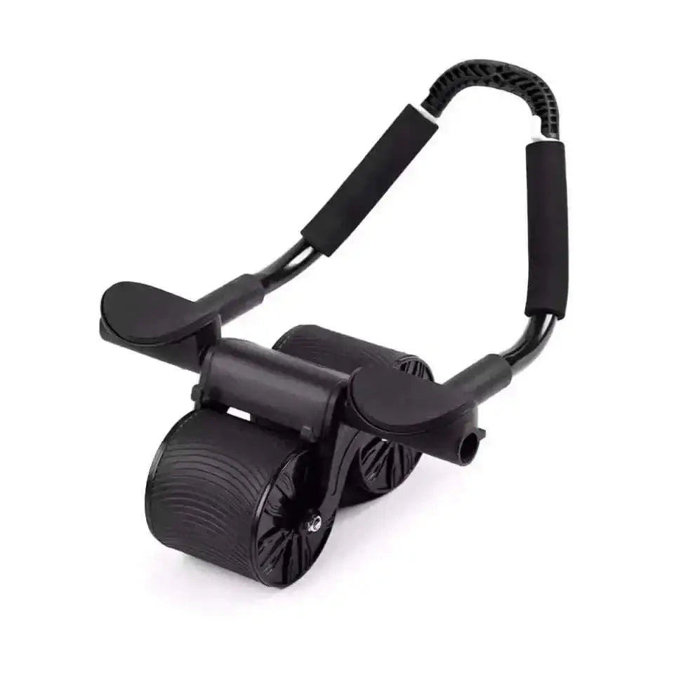 Black plastic and rubber automatic rebound abdominal wheel with padded handlebars and mat for core exercise