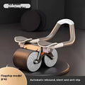 Gray automatic rebound abdominal wheel with ergonomic handle and textured wooden roller wheels with kneeling mat