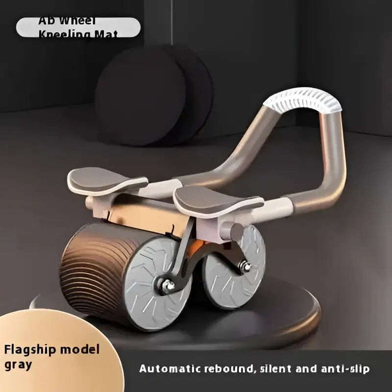 Gray automatic rebound abdominal wheel with ergonomic handle and textured wooden roller wheels with kneeling mat