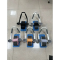 Set of six colorful automatic rebound abdominal wheels with adjustable handles and rubber wheels on blue mats