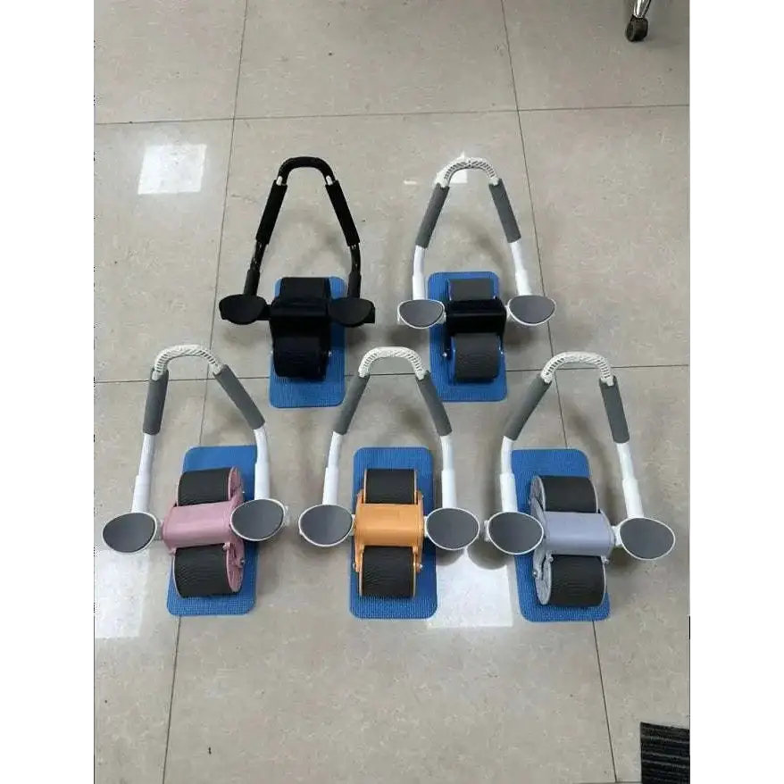 Set of six colorful automatic rebound abdominal wheels with adjustable handles and rubber wheels on blue mats