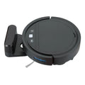Black circular automatic refill vacuum cleaner with remote control functionality and blue accent lighting