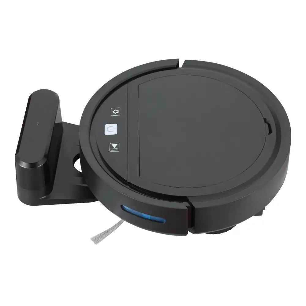 Black circular automatic refill vacuum cleaner with remote control functionality and blue accent lighting