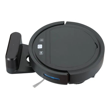 Black circular automatic refill vacuum cleaner with remote control functionality and blue accent lighting