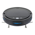 Black circular automatic refill vacuum cleaner with remote control functionality and blue accent lighting on control panel