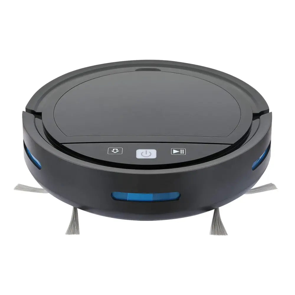 Black circular automatic refill vacuum cleaner with remote control functionality and blue accent lighting on control panel