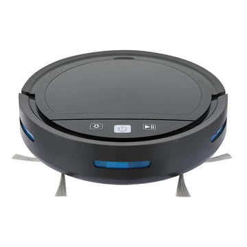 Black circular automatic refill vacuum cleaner with remote control functionality and blue accent lighting on control panel