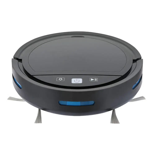 Black circular automatic refill vacuum cleaner with remote control functionality and blue accent lighting on control panel