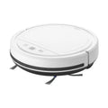 White circular automatic refill vacuum with black trim, side brushes, blue accent lighting, and remote control functionality