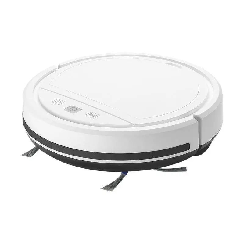White circular automatic refill vacuum with black trim, side brushes, blue accent lighting, and remote control functionality