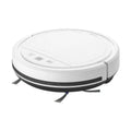 White circular automatic refill vacuum cleaner with black accents side brushes and remote control functionality