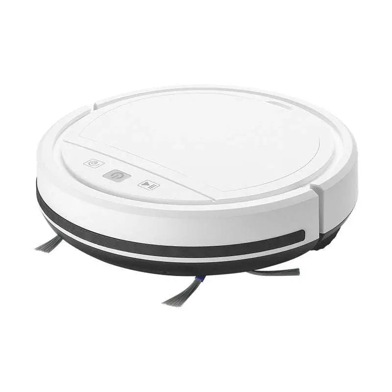White circular automatic refill vacuum cleaner with black accents side brushes and remote control functionality