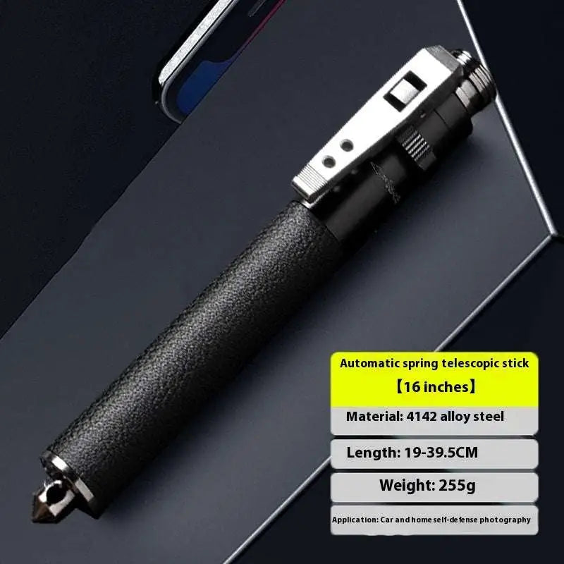 Black textured grip automatic spring self-defense baton with silver 4142 alloy steel clip and tip for reliable use