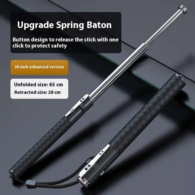 Silver and black automatic spring self-defense baton with aluminium alloy construction and honeycomb textured grip