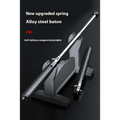 Silver alloy steel telescopic self-defense baton with textured black grip and hexagonal pattern for automatic spring use