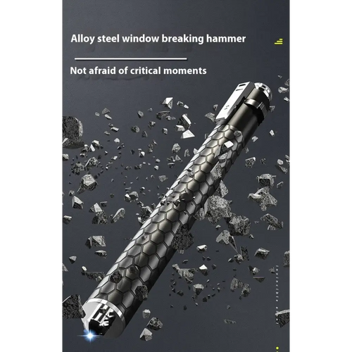 Black alloy steel self-defense baton with hexagonal grip and silver accents featuring automatic spring design