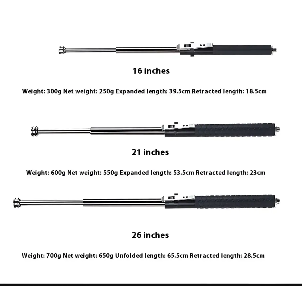 Black textured grip automatic spring self-defense baton with silver aluminium alloy shaft and locking mechanism available in three lengths
