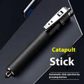 Black textured grip self-defense baton with silver metallic accents and clip featuring automatic spring aluminium alloy construction