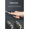 Black textured grip automatic spring self-defense baton with silver safety lock and aluminium alloy construction