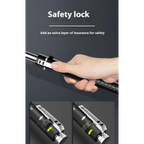 Black textured grip automatic spring self-defense baton with silver safety lock and aluminium alloy construction