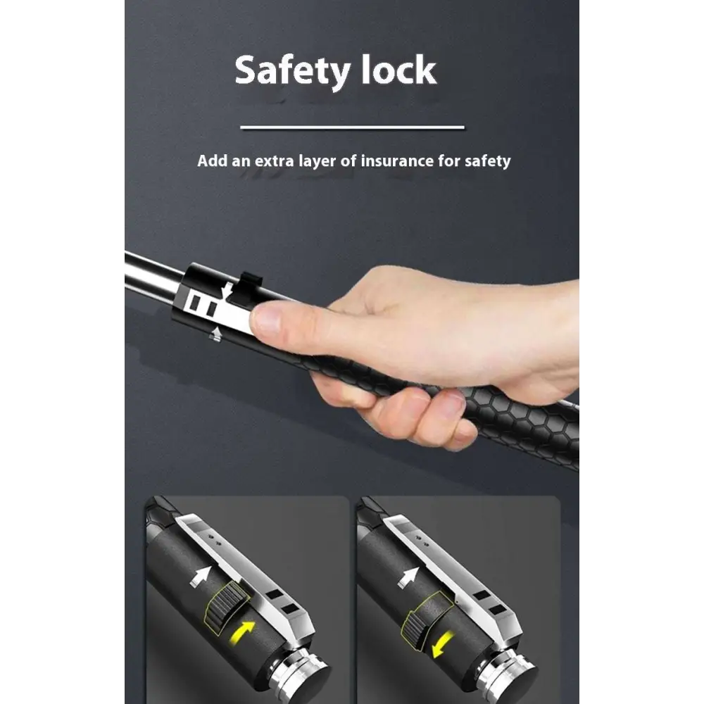 Black textured grip automatic spring self-defense baton with silver safety lock and aluminium alloy construction