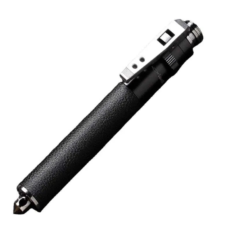 Black textured grip automatic spring silver self-defense baton with aluminium alloy construction and metal clip and tip