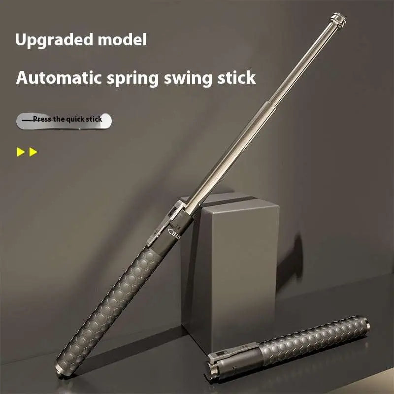 Silver automatic spring self-defense baton with aluminium alloy construction and textured diamond-patterned grip