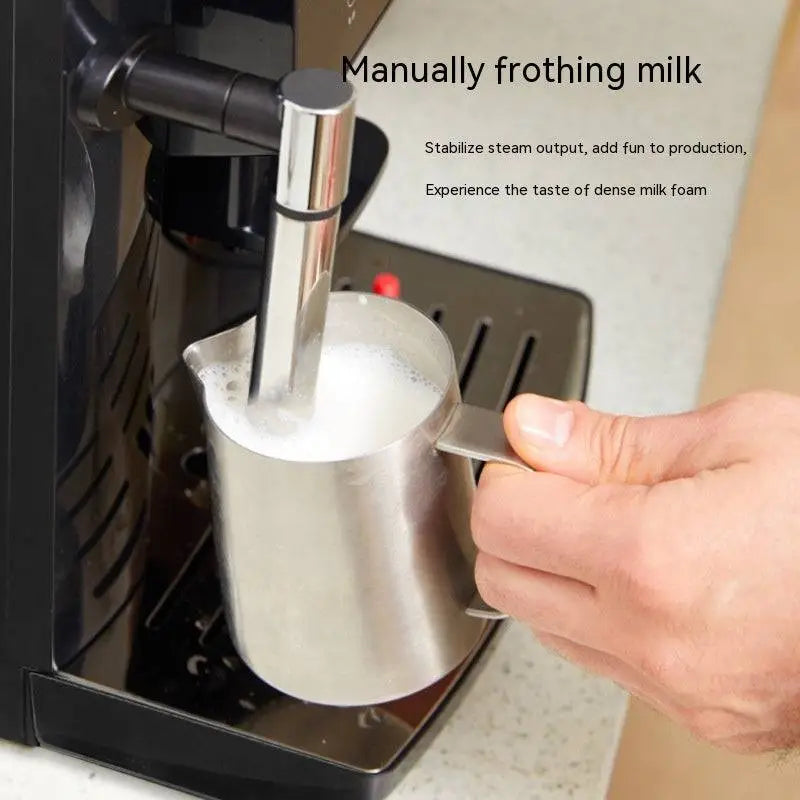 Stainless steel milk frothing pitcher with reflective surface and sturdy handle for automatic touch screen small coffee machine