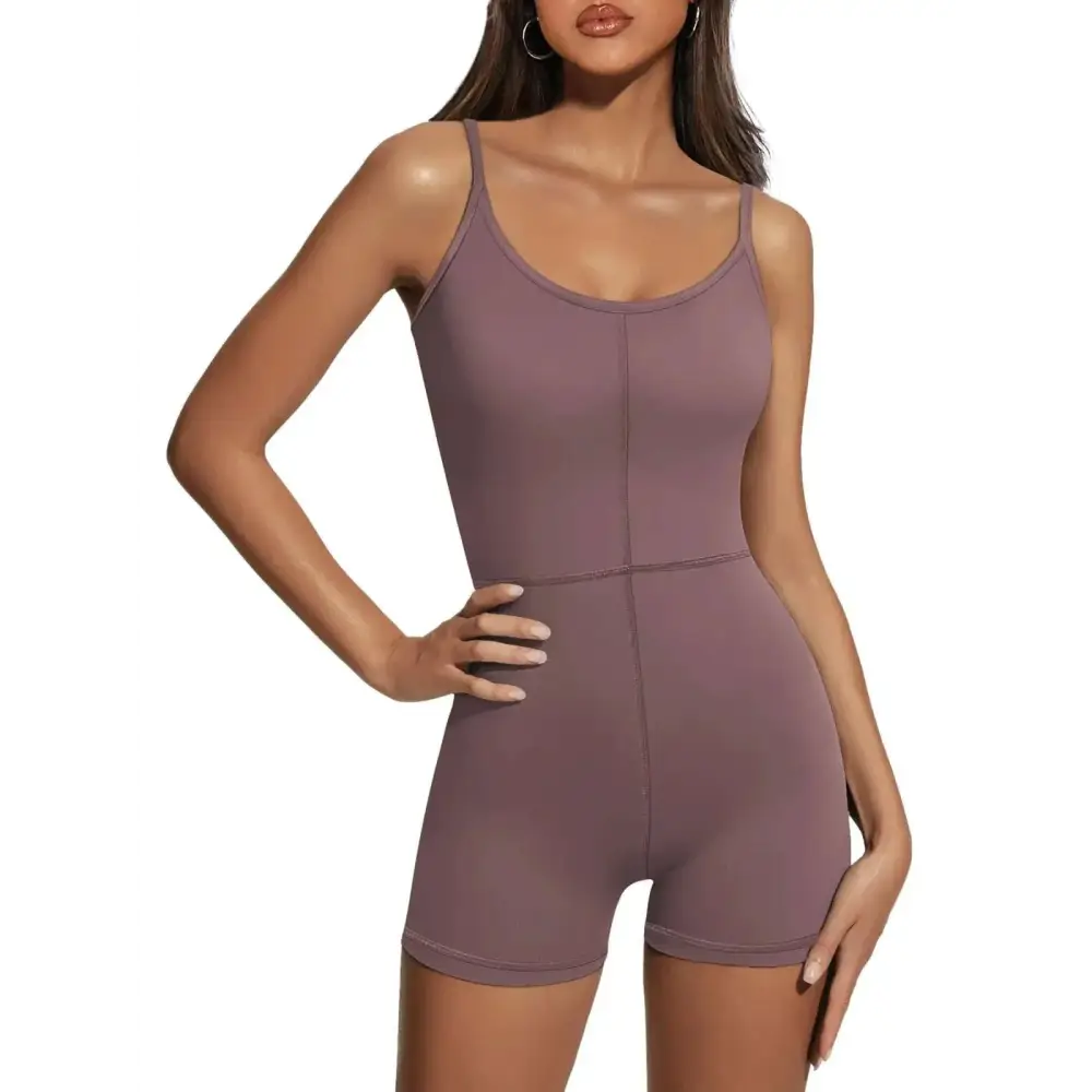 A mauve automet womens gym yoga fashion romper with thin straps seamless design and form-fitting style