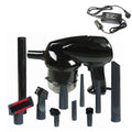 Black handheld dry wet vacuum with transparent dust container and multiple attachments for automobile and household use