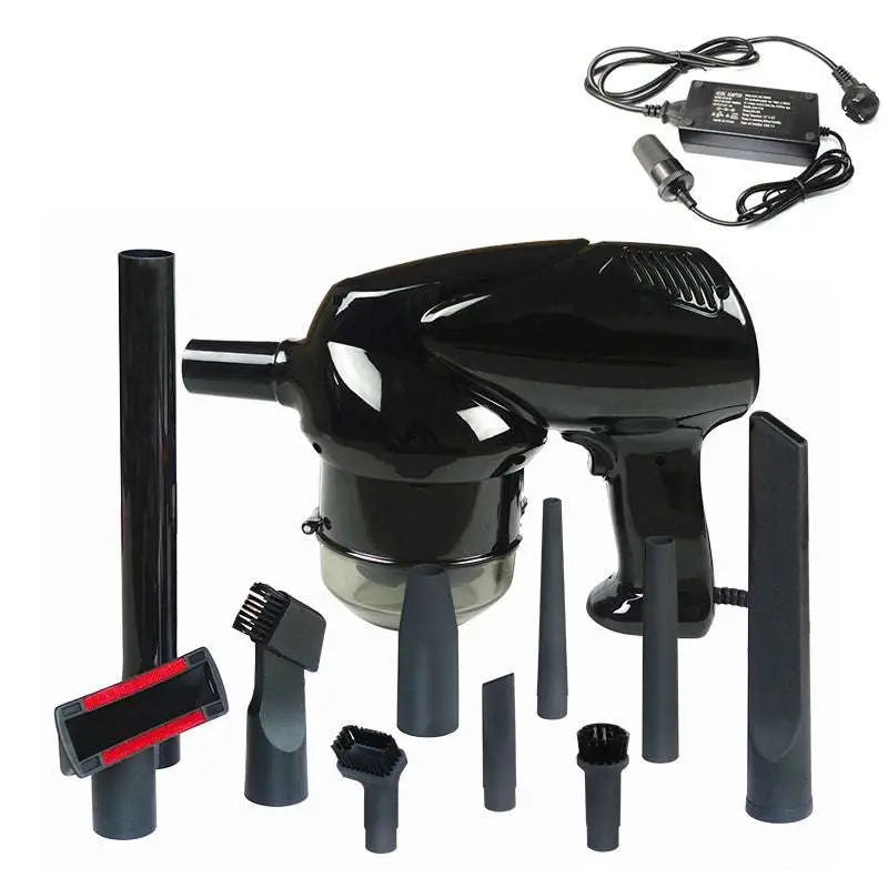 Black handheld dry wet vacuum with transparent dust container and multiple attachments for automobile and household use