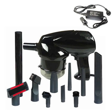 Black handheld dry wet vacuum with transparent dust container and multiple attachments for automobile and household use