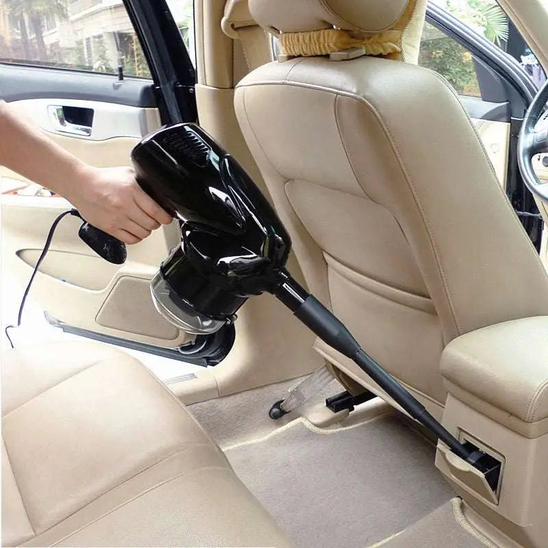 Black handheld dry wet vacuum with transparent dust container and extendable hose for automobile household use