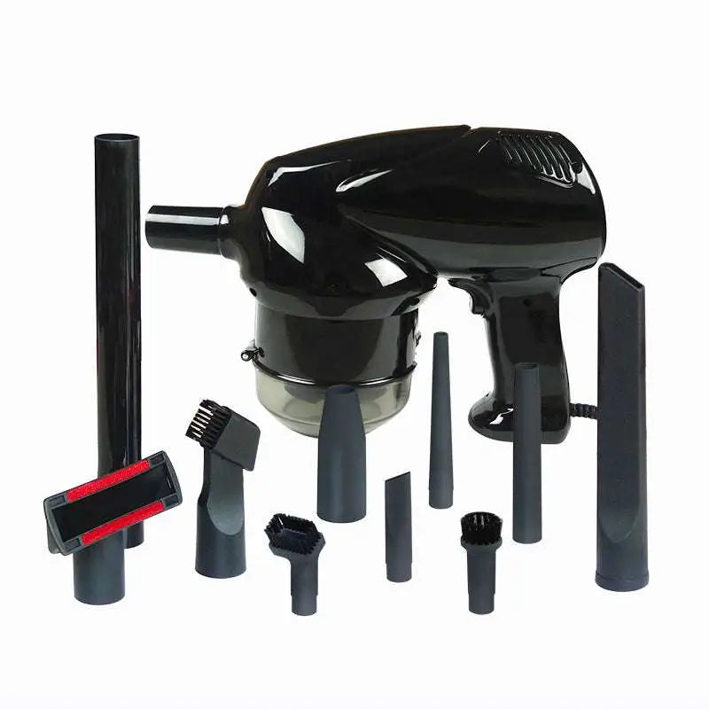 Black handheld dry wet vacuum cleaner with glossy finish transparent dust chamber and multiple attachments for household use