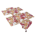 Set of four autumn maple leaf decor table runner placemats with vibrant red and golden leaves and tassels on white background