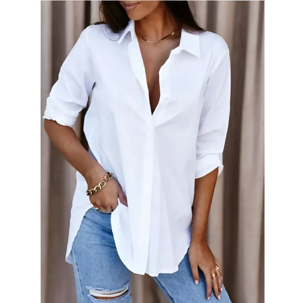 Autumn simplicity long white shirt with loose fit button-down design rolled-up sleeves and asymmetrical hem