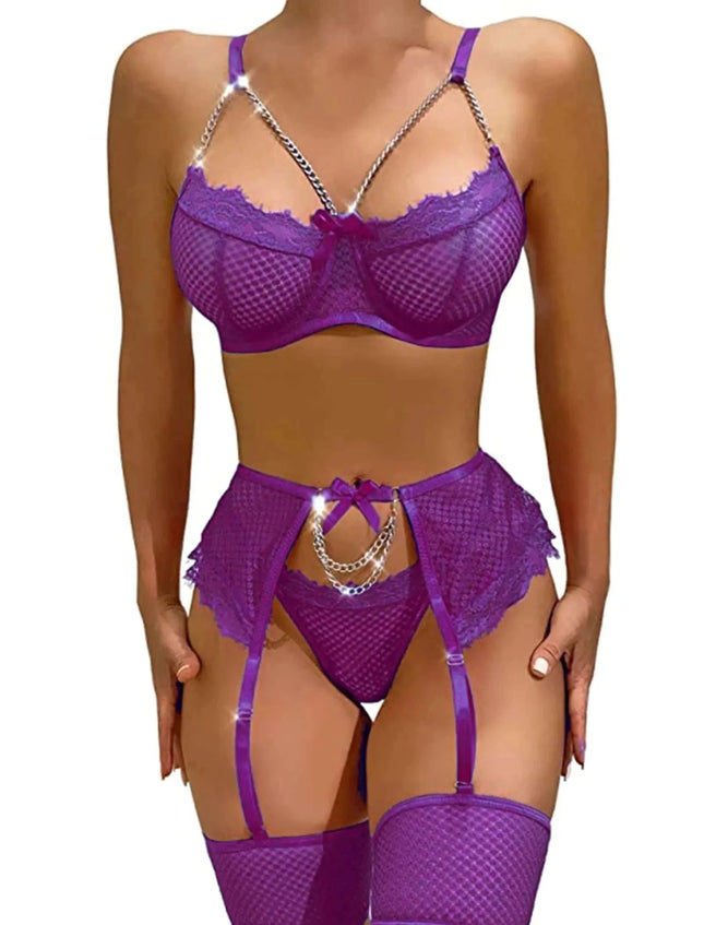 Avidlove Womens Lingeries Sexy Womens Exotic Lingerie Sets Lace Plus Size Chain Fishnet Strappy(PurpleL) - Royalessencelux