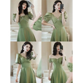 Avocado green sisters satin midi dress in soft olive with puffed sleeves and pearl embellishments at the sweetheart neckline