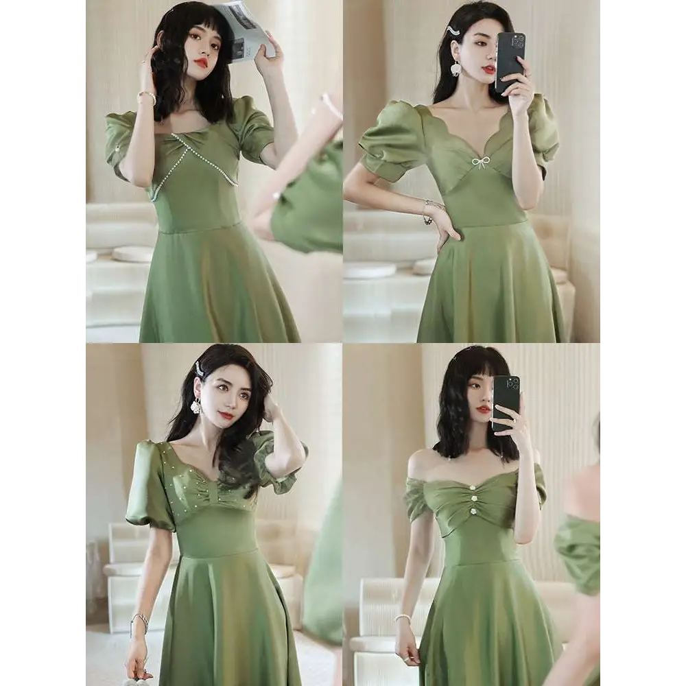Avocado green sisters satin midi dress in soft olive with puffed sleeves and pearl embellishments at the sweetheart neckline