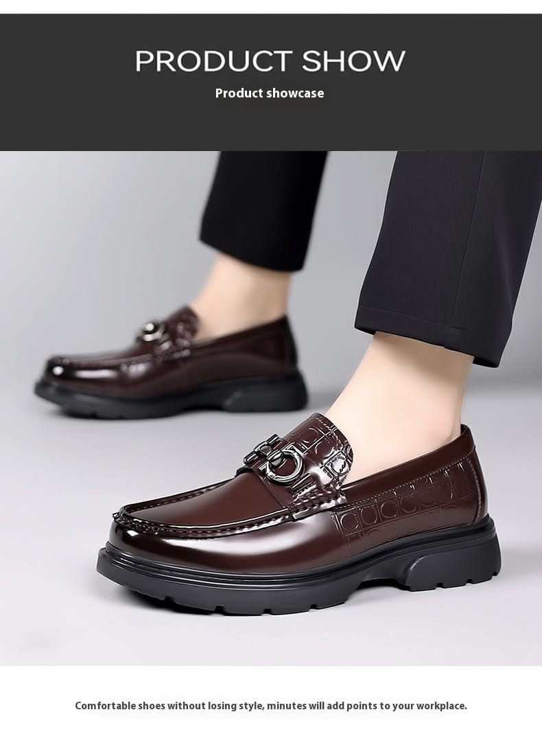 brown leather loafers with a glossy finish and crocodile-textured accents on the toe cap designed as platform retro casual shoes