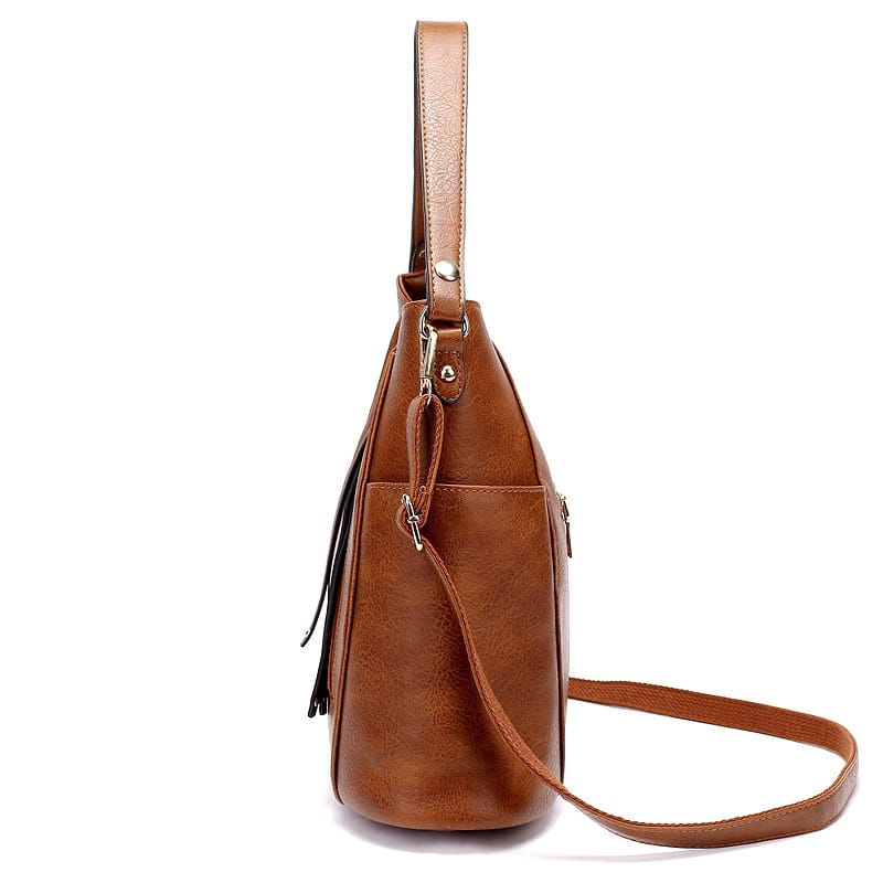 brown faux leather luxury women leather hobo bag with large capacity featuring a top handle and detachable shoulder strap