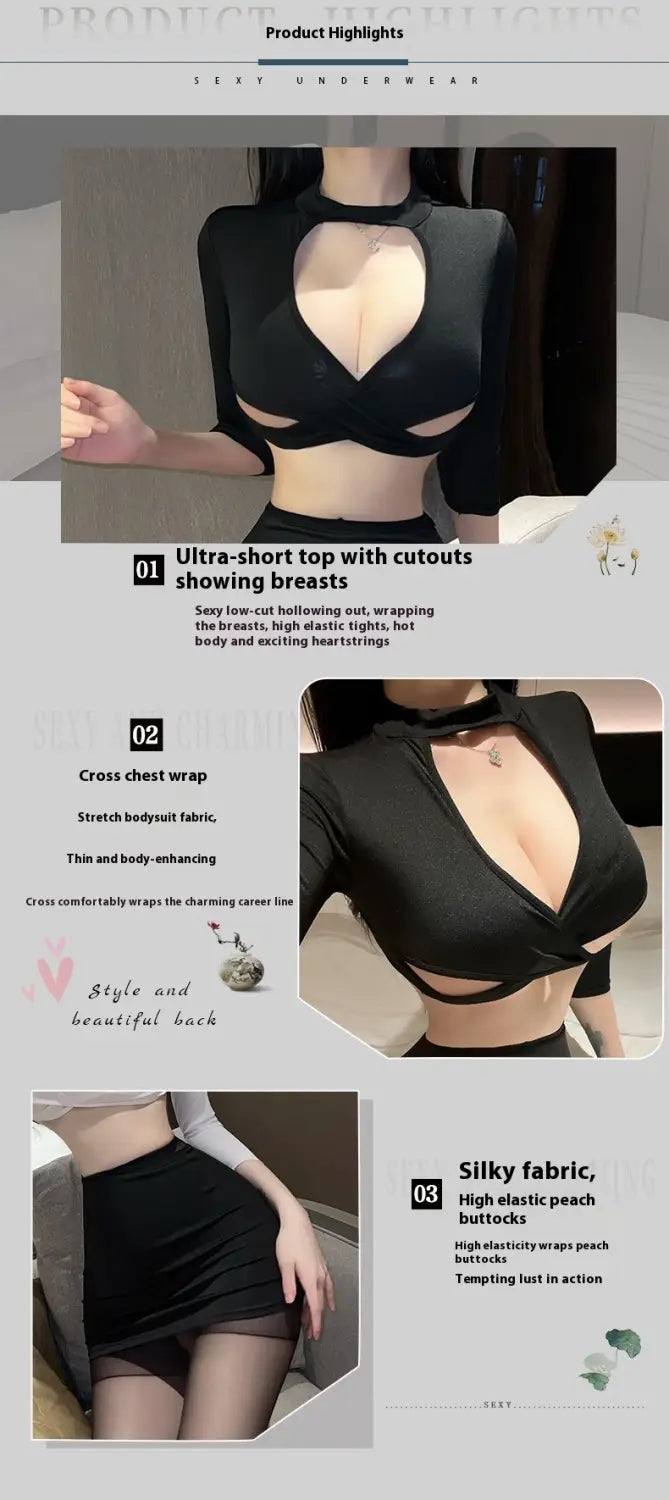 black ultra-short top with cutouts and cross chest wrap design paired with white sheer long sleeve secretary suit for sexy underwear long use.
