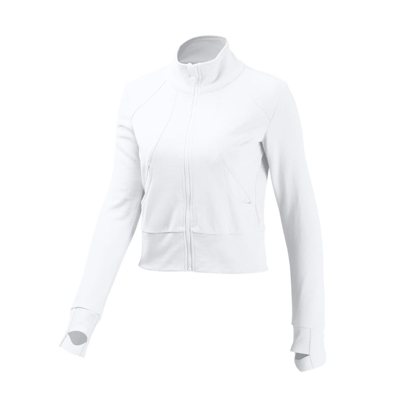 White zip-up running sport coat with long sleeves and cropped hem designed for winter running sport featuring royale essence lux material.