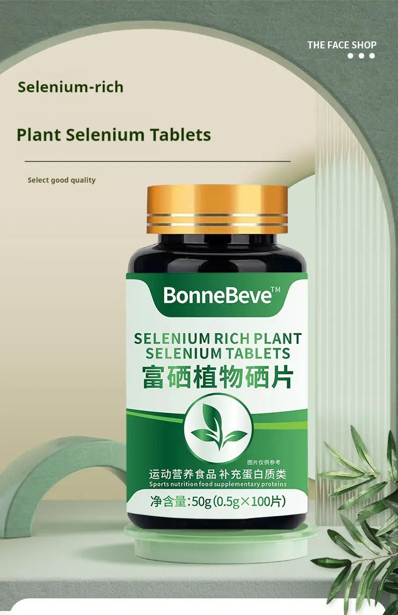 bonnebeve plant selenium pressed tablets in a dark green bottle with a gold-colored cap and white-green leaf-themed label designed for daily wellness.