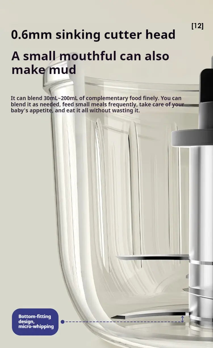 Clear plastic blending container of a cream multifunctional baby cooking machine featuring a 0.6mm sinking cutter head and bottom-fitting design for effective micro-whipping ideal for preparing baby food.