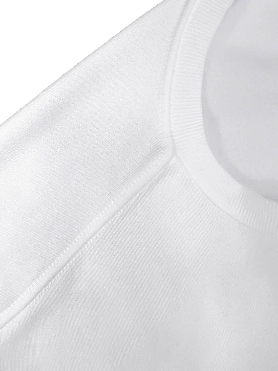 white cotton tank top with a smooth seamless neckline and neatly stitched seams shown underneath a white glitter lips pocketed long sleeve sweatshirt.